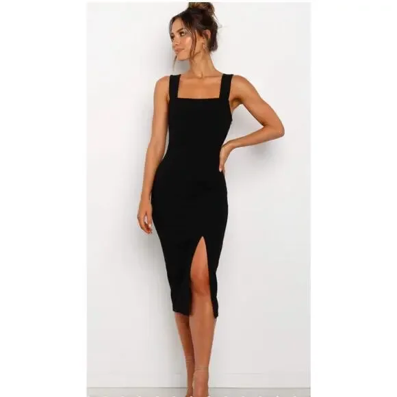 Petal & Pup | Dresses | Petal Pup Minimalist Black Dress Midi Square Neck  Slit Details Size 2 | Poshmark